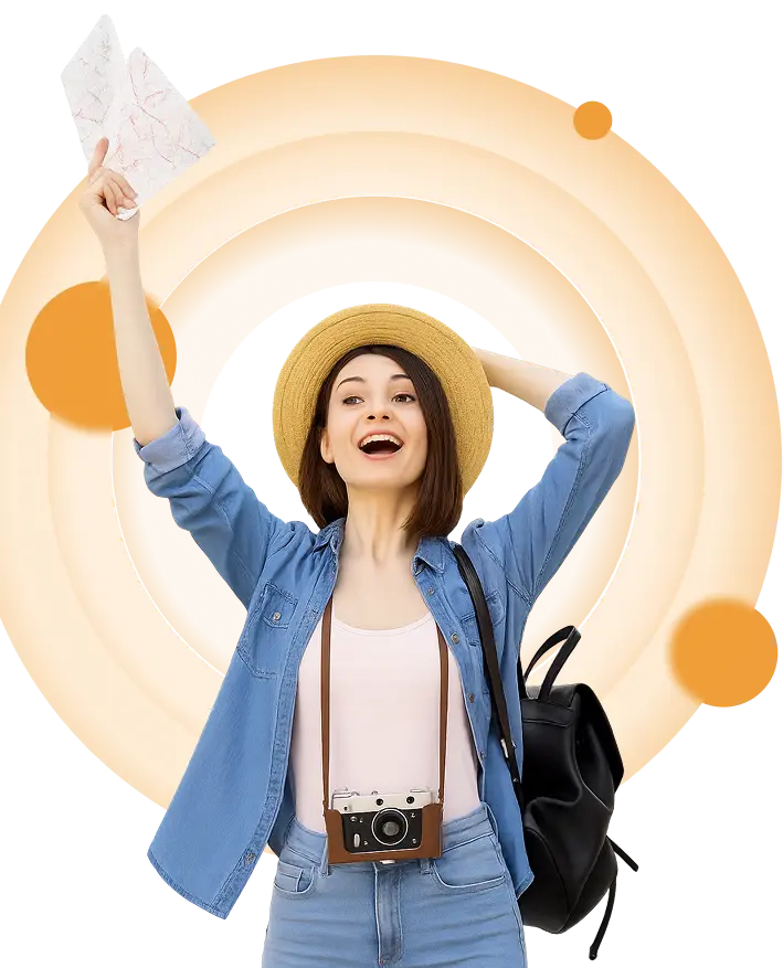 Happy traveler holding a map, ready for adventure